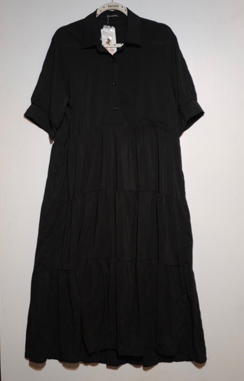 PrettyGarden Black Tiered Midi Shirt Dress Size L NWT Casual Flowy Boho